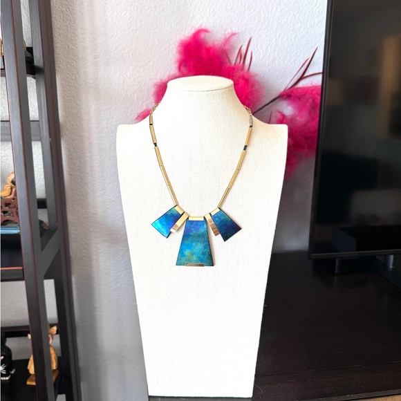 Vintage Dicrotic Glass Blue and Gold Necklace - Picture 5 of 10